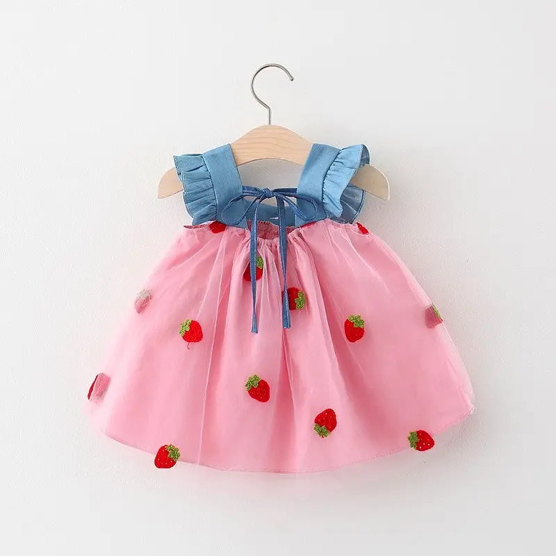 Children Clothes New Birthday Party Dress Strawberry Embroidery Summer Splicing Square Collar Bow Ruffle Baby Girl Dresses