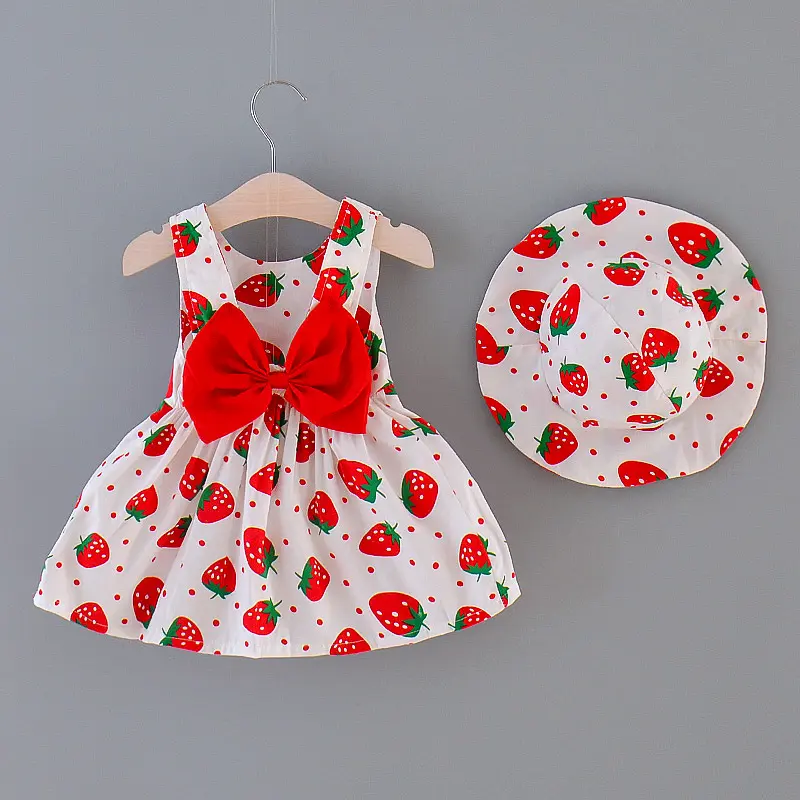 Dress and hat two-piece set for summer girls full of small strawberries large bow casual suspender dress