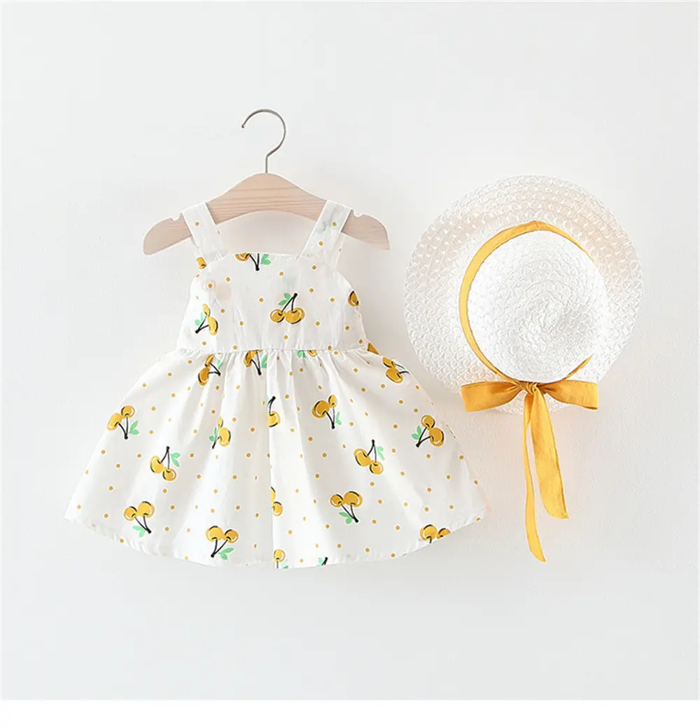 Girls' New Sleeveless Dress Children's Back Elastic Small Dot Cherry Print Bow Princess Dress+Hat Two Piece Set