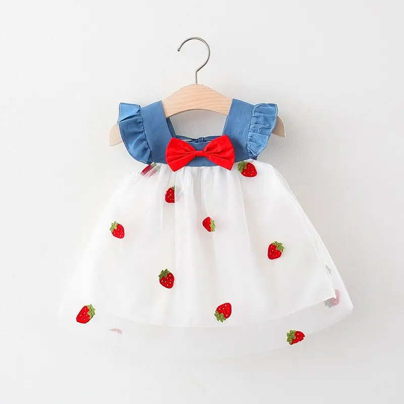 Children Clothes New Birthday Party Dress Strawberry Embroidery Summer Splicing Square Collar Bow Ruffle Baby Girl Dresses