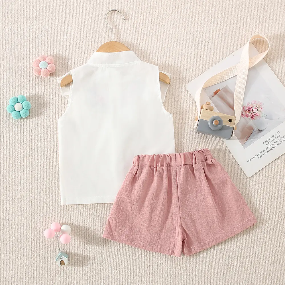 Girl's sleeveless shirt+shorts Summer set 2/piece set Girl's lace stand up collar single breasted top Solid color bow shorts