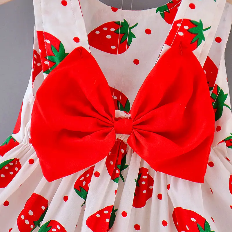 Dress and hat two-piece set for summer girls full of small strawberries large bow casual suspender dress