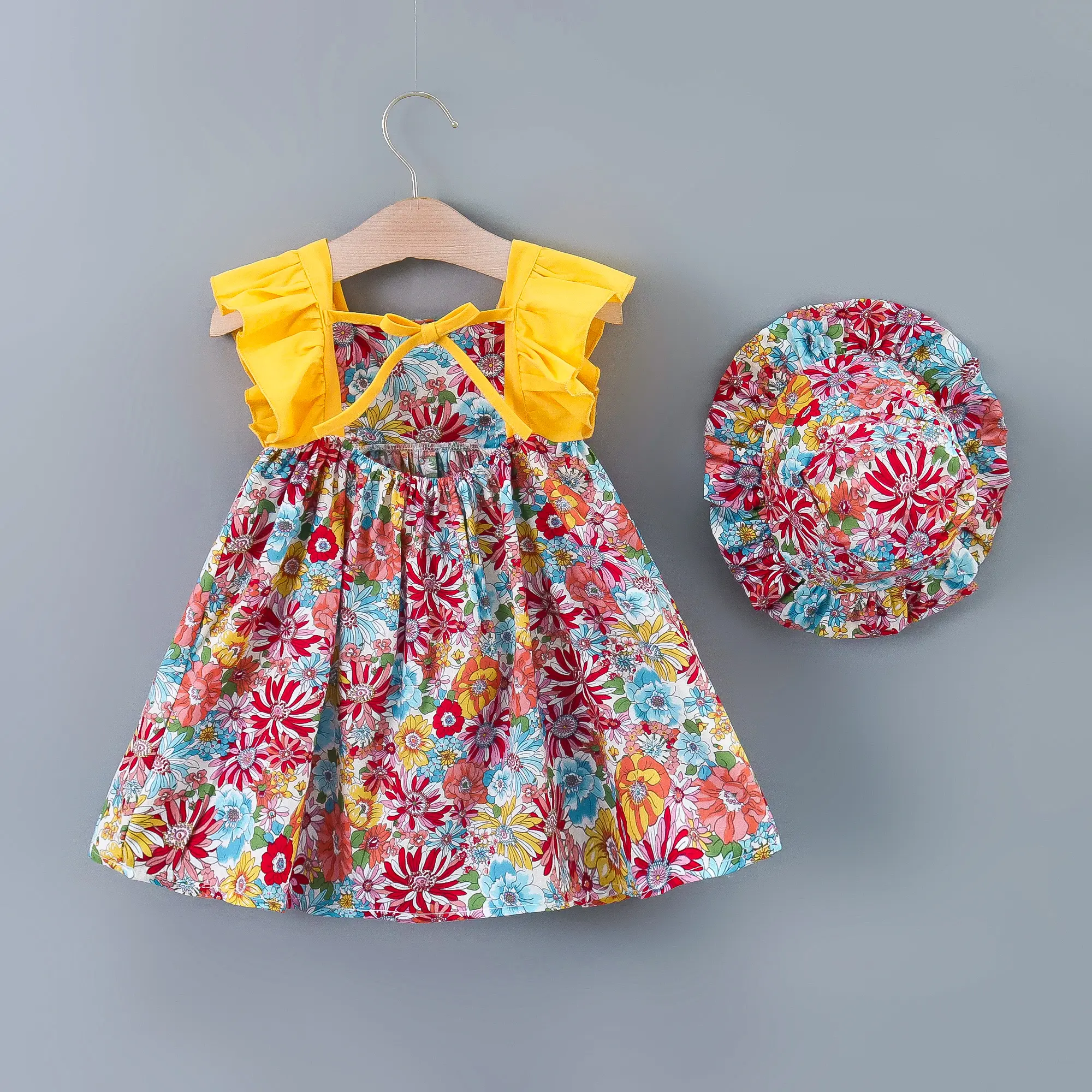 2pcs Baby Girls Cute Floral Graphic Print Ruffle Trim Backless Dress & Hat Set Clothes