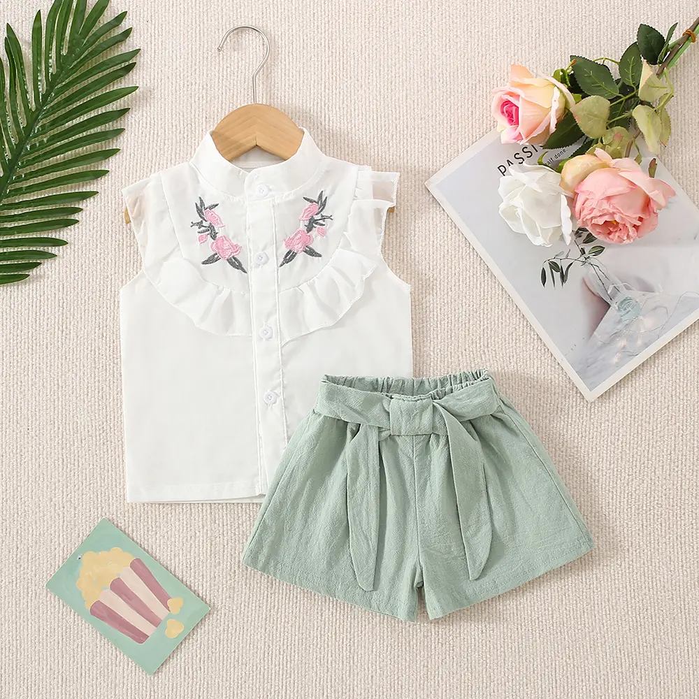 Girl's sleeveless shirt+shorts Summer set 2/piece set Girl's lace stand up collar single breasted top Solid color bow shorts