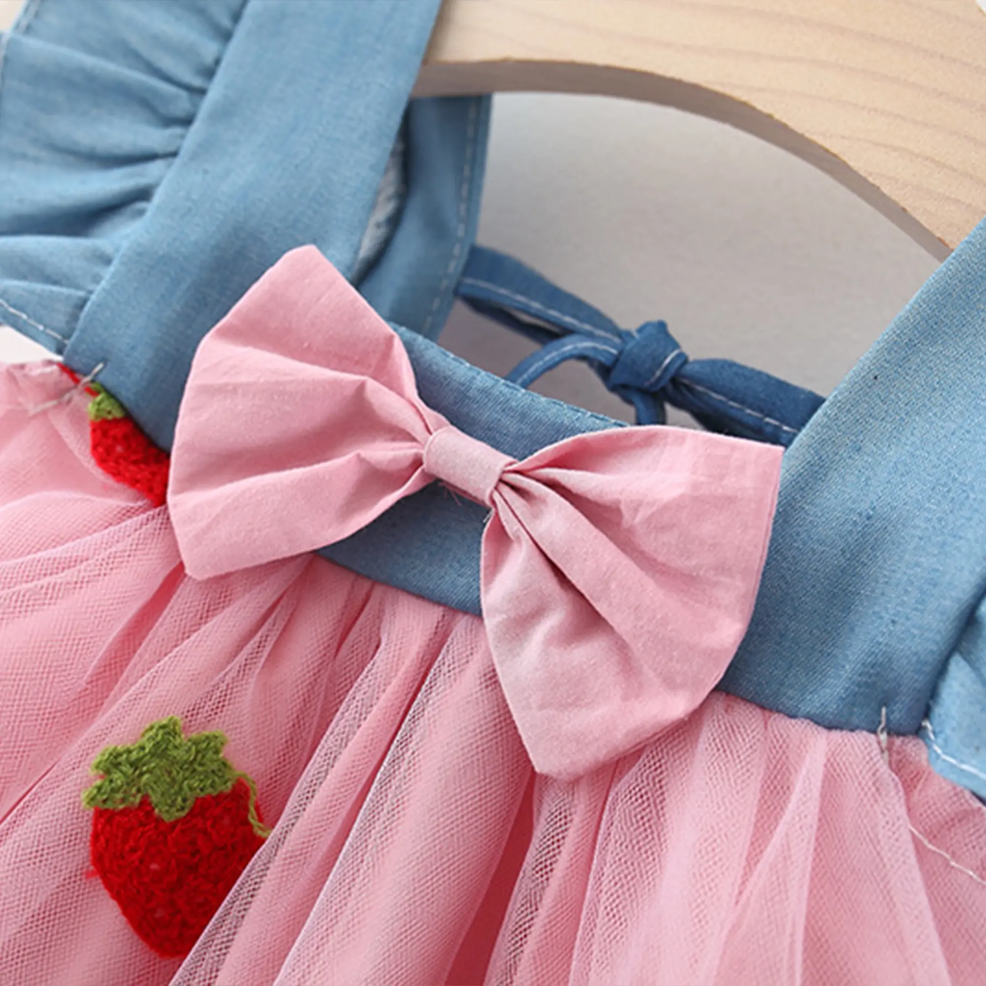 Children Clothes New Birthday Party Dress Strawberry Embroidery Summer Splicing Square Collar Bow Ruffle Baby Girl Dresses