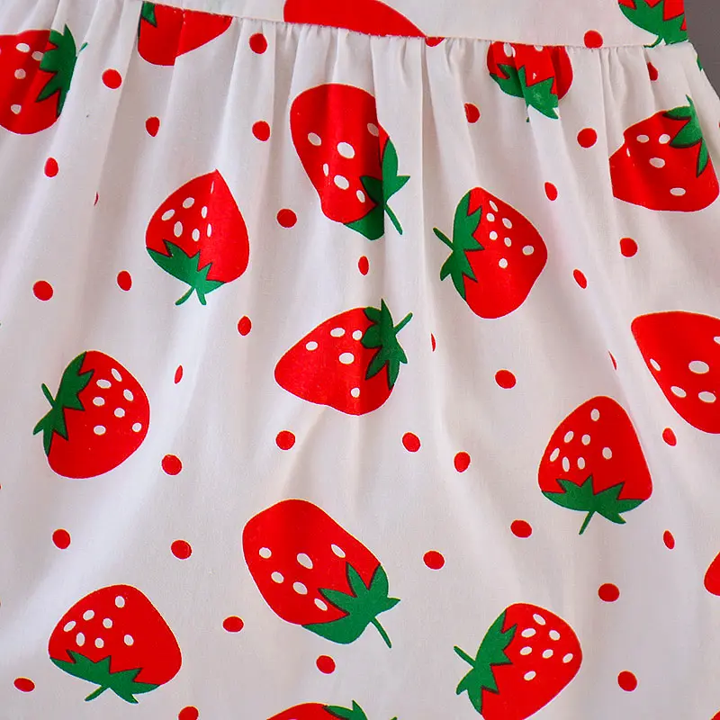 Dress and hat two-piece set for summer girls full of small strawberries large bow casual suspender dress