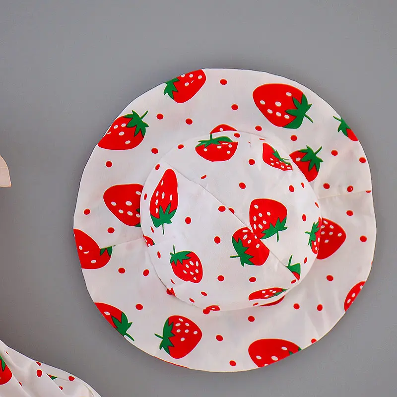 Dress and hat two-piece set for summer girls full of small strawberries large bow casual suspender dress