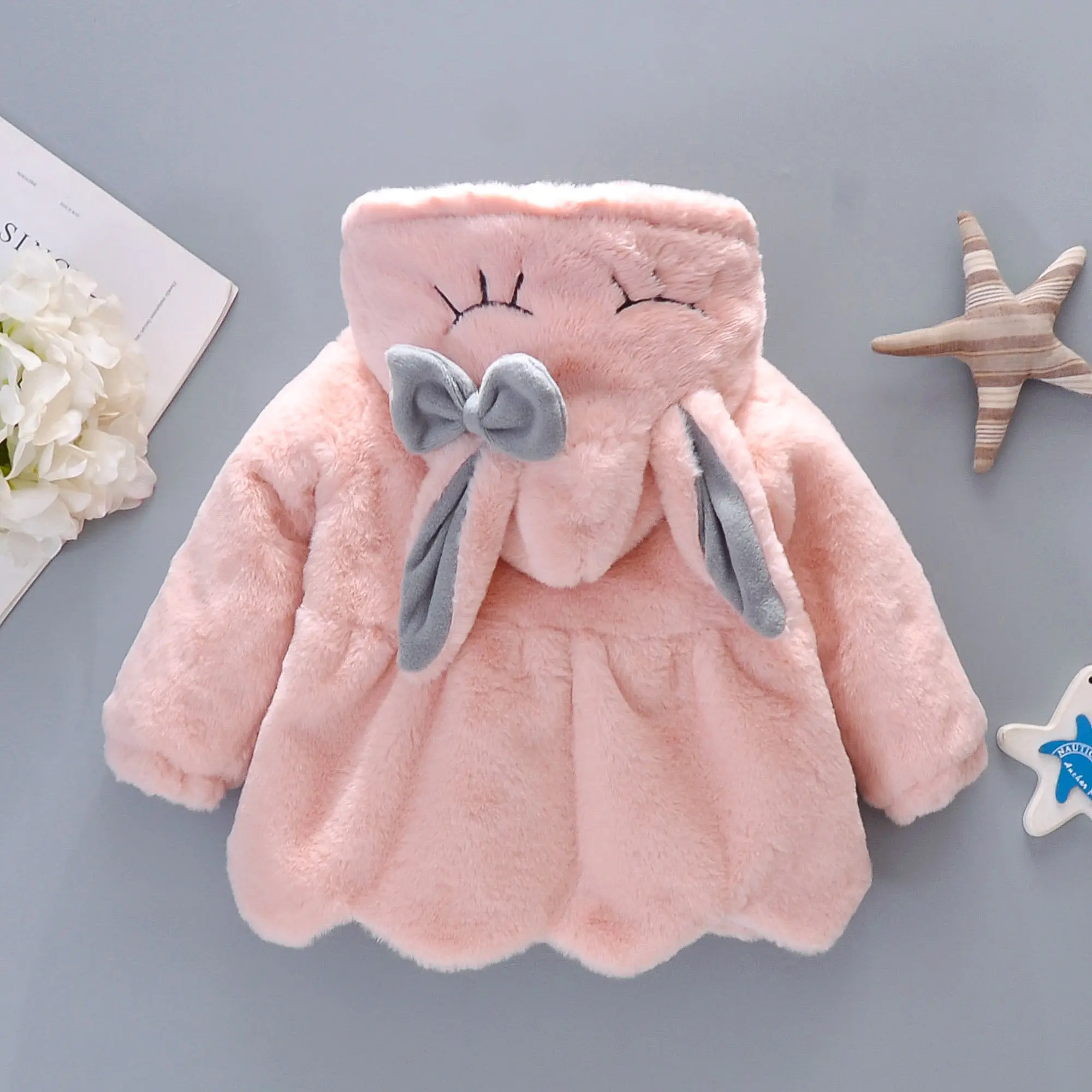 Girls' Wool Coat Autumn And Winter Children'S Bow Long Ear Hood Lightweight Winter Yarn Clip Thin Cotton Coat