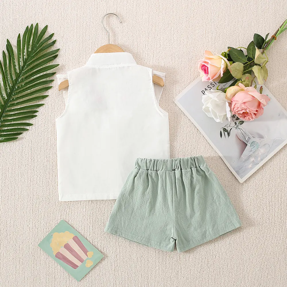 Girl's sleeveless shirt+shorts Summer set 2/piece set Girl's lace stand up collar single breasted top Solid color bow shorts