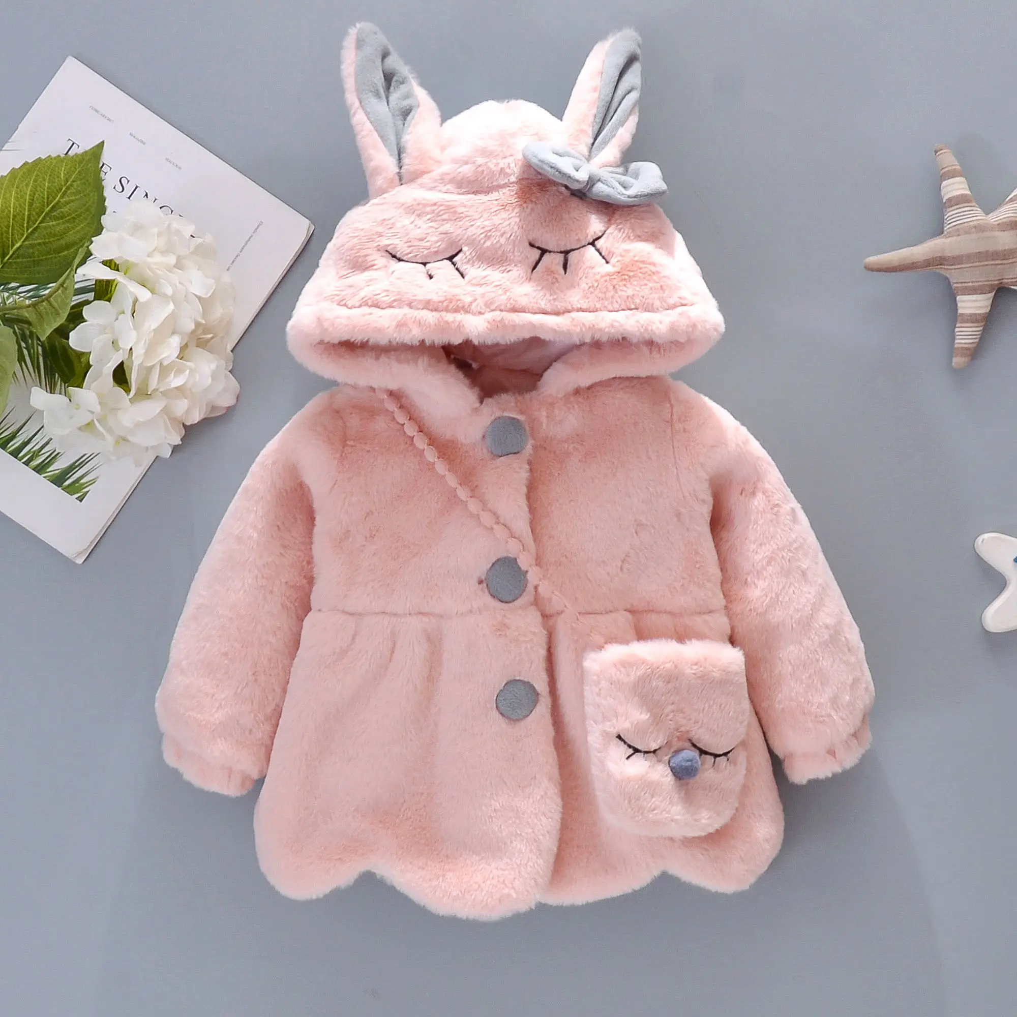 Girls' Wool Coat Autumn And Winter Children'S Bow Long Ear Hood Lightweight Winter Yarn Clip Thin Cotton Coat