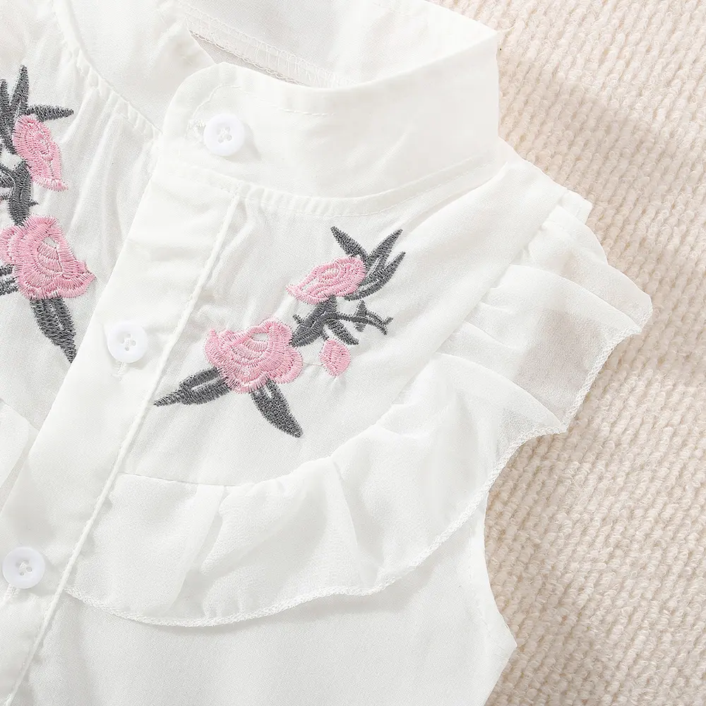 Girl's sleeveless shirt+shorts Summer set 2/piece set Girl's lace stand up collar single breasted top Solid color bow shorts