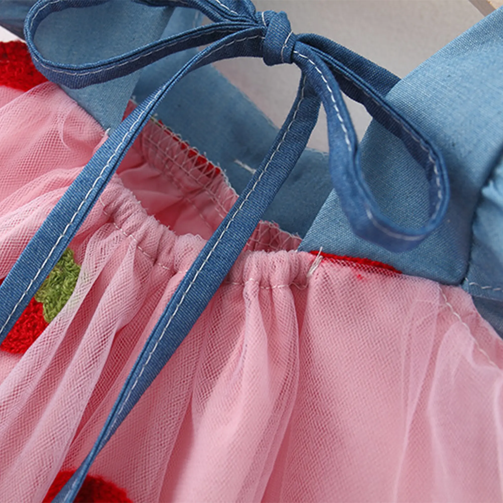 Children Clothes New Birthday Party Dress Strawberry Embroidery Summer Splicing Square Collar Bow Ruffle Baby Girl Dresses