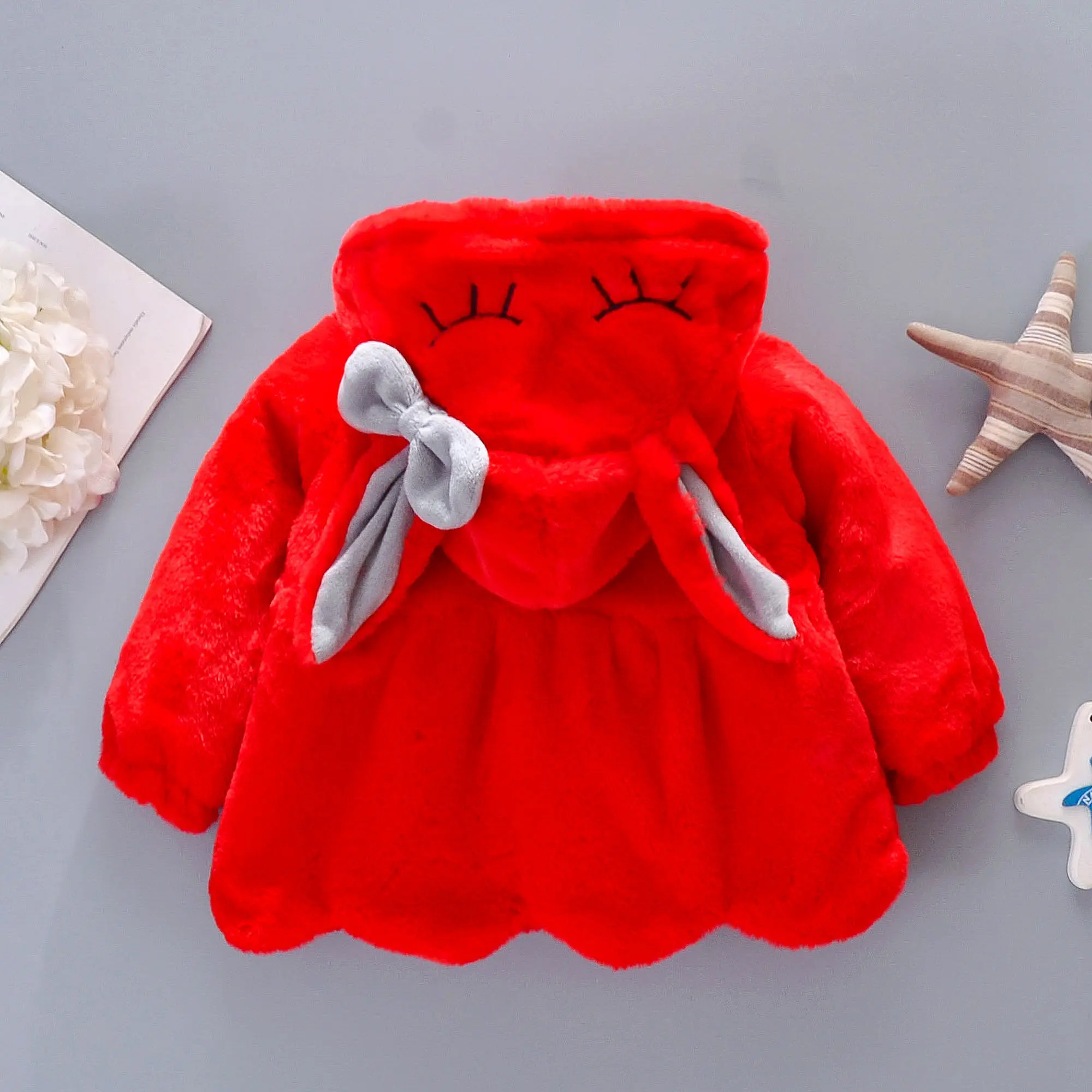 Girls' Wool Coat Autumn And Winter Children'S Bow Long Ear Hood Lightweight Winter Yarn Clip Thin Cotton Coat