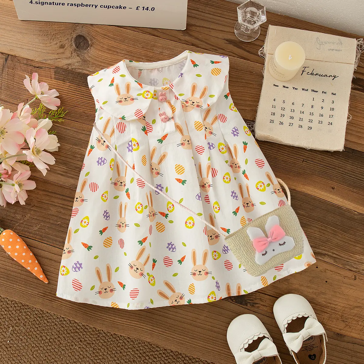 Girl Dresses Summer New Sleeveless Cute Rabbit Print Baby Clothing Lapel Button Casual Dresses For Girls Send Bag