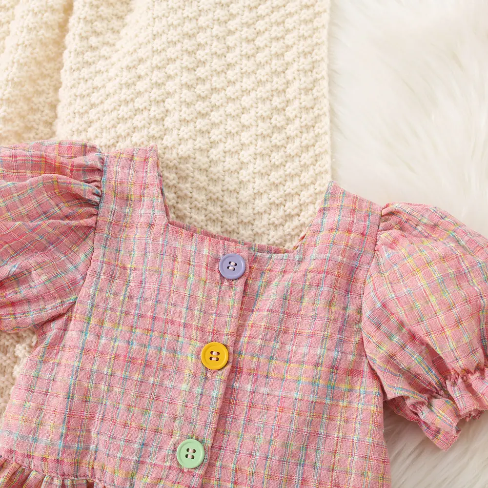 Summer (0-3) Baby Girl Set Baby Girl Color Checkered Full body Printed Bubble Sleeve Top+Same style Printed Shorts