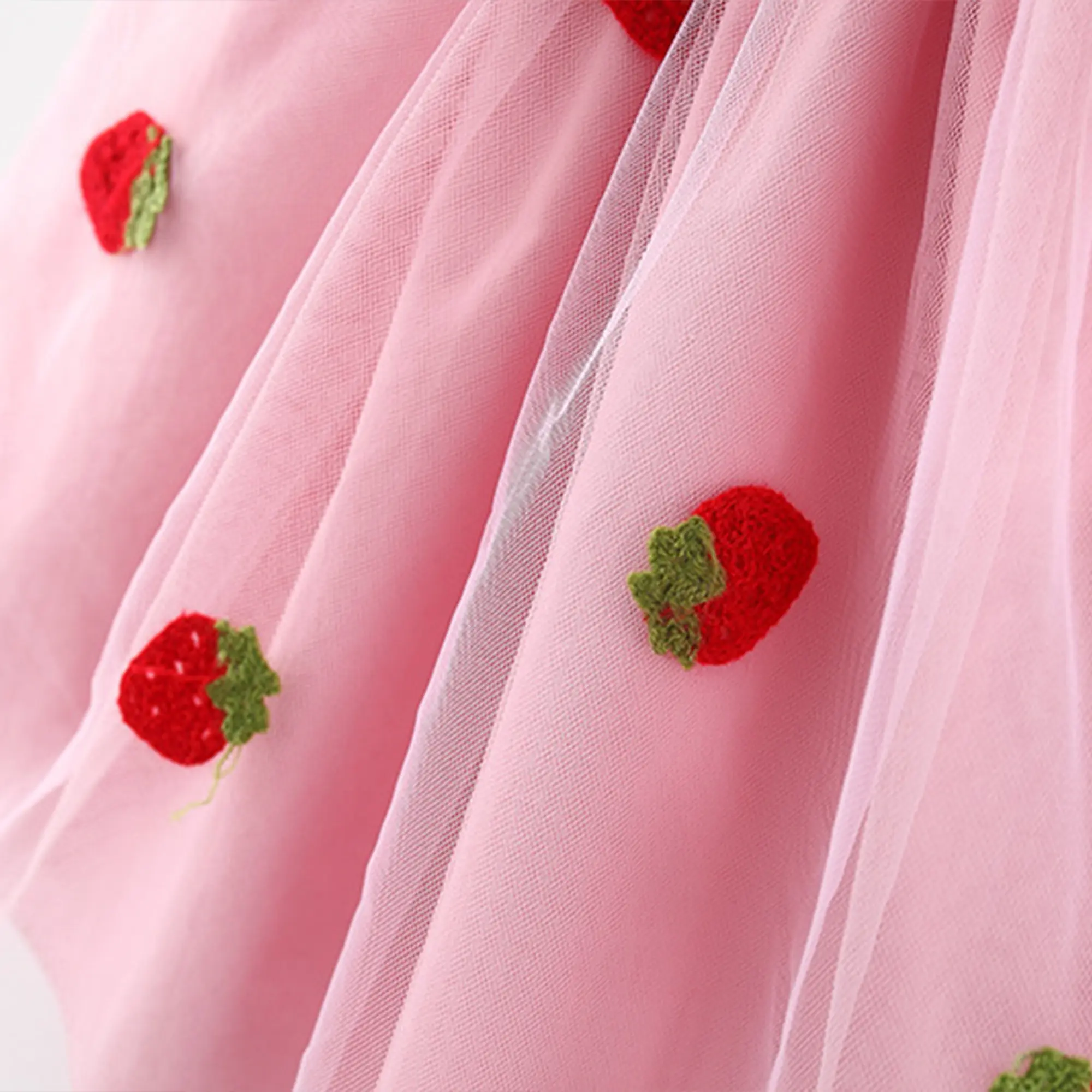 Children Clothes New Birthday Party Dress Strawberry Embroidery Summer Splicing Square Collar Bow Ruffle Baby Girl Dresses