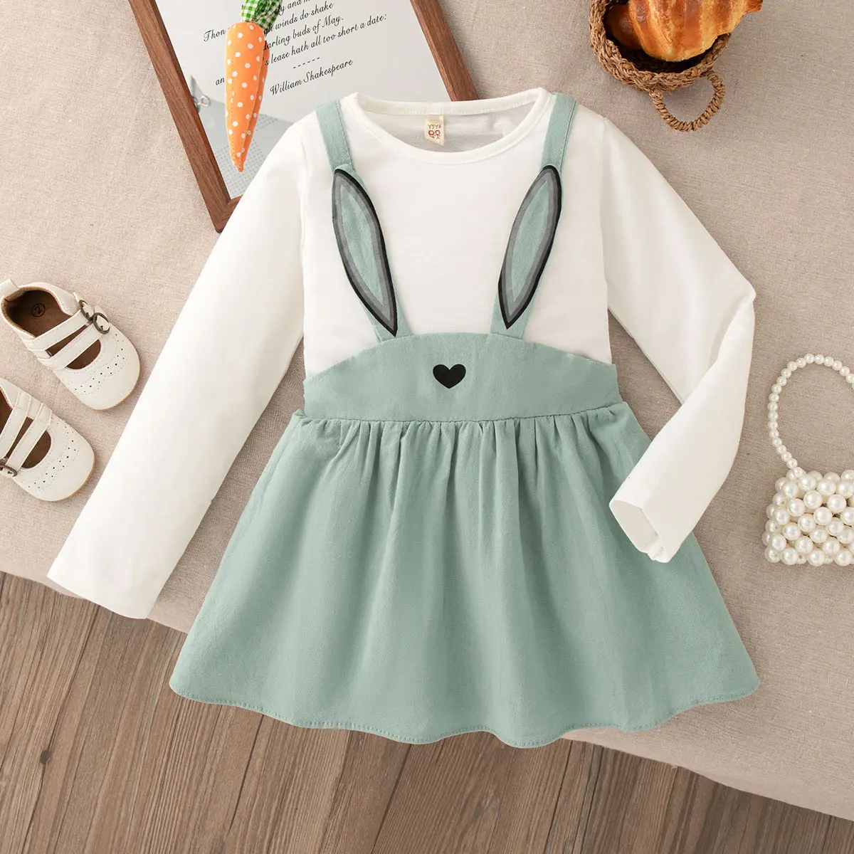 Baby Girl Dresses Autumn New Long Sleeve Clothes Girl Imitation Two Pieces Cute Rabbit Ears Love Print Baby Dress