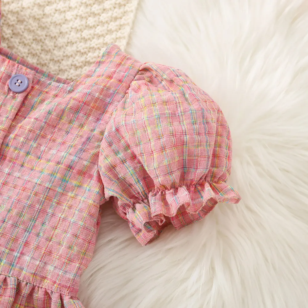 Summer (0-3) Baby Girl Set Baby Girl Color Checkered Full body Printed Bubble Sleeve Top+Same style Printed Shorts