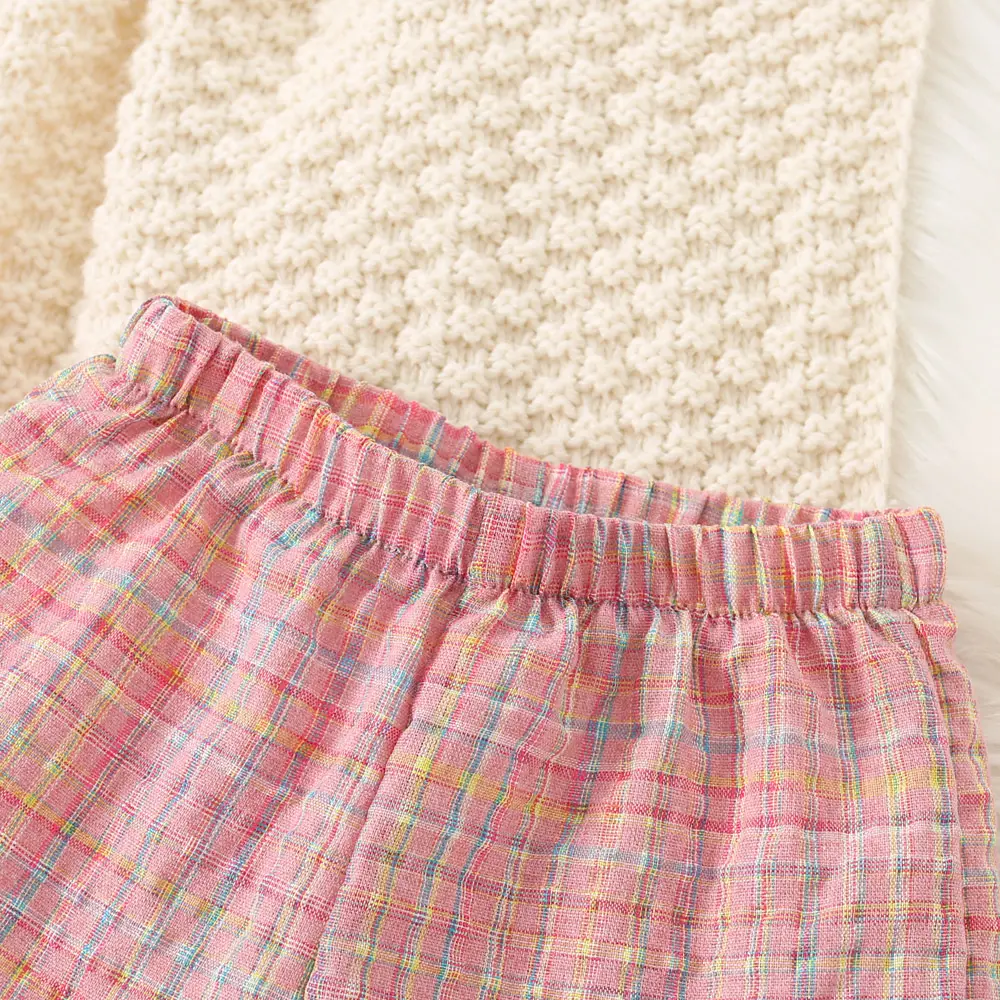 Summer (0-3) Baby Girl Set Baby Girl Color Checkered Full body Printed Bubble Sleeve Top+Same style Printed Shorts