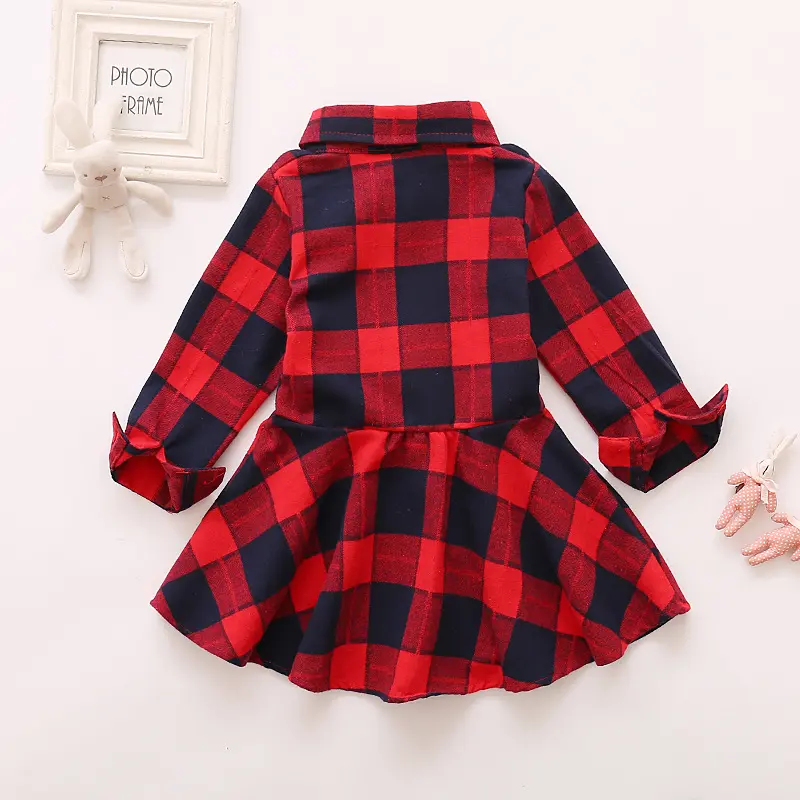Girls' Autumn and Winter New Checkered Dress Children's Long Sleeve Lapel Belt Bow Spring and Autumn Dress