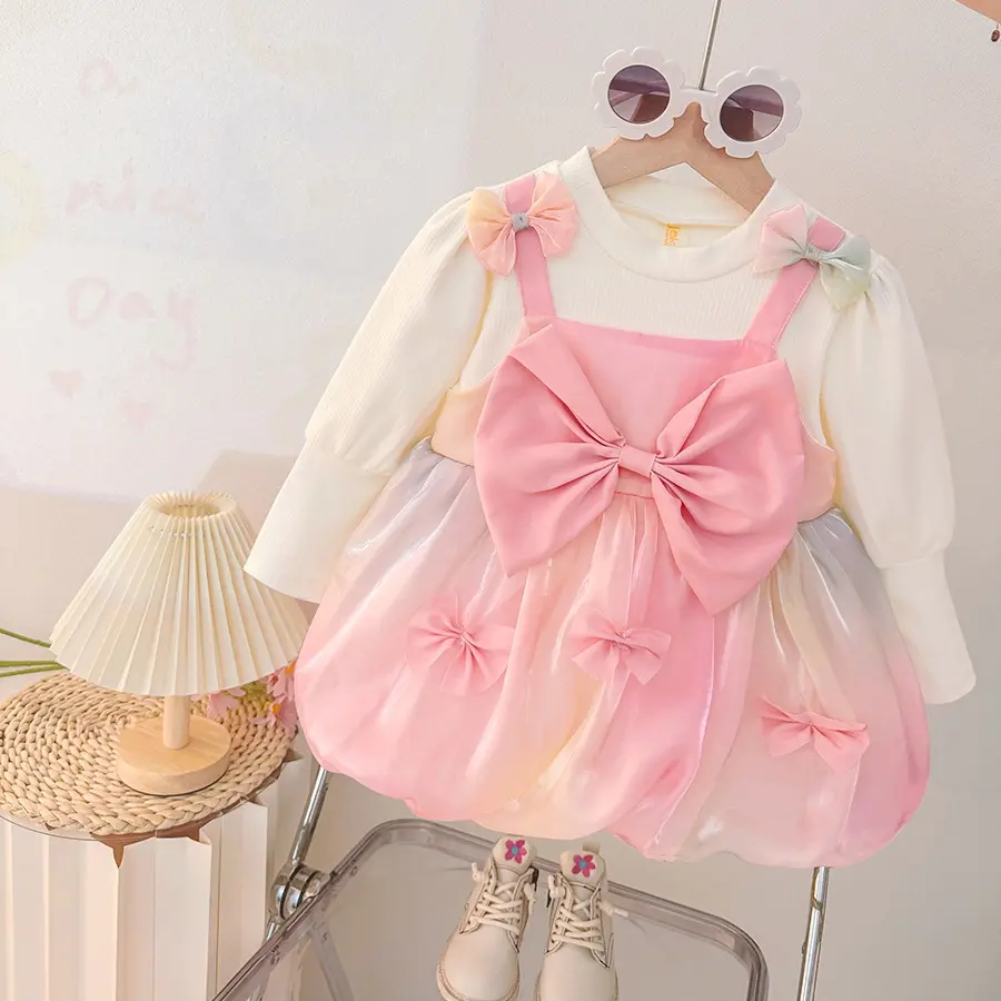 New Spring And Autumn Girls' Long Sleeve Dress, Sweet Bow, Puffy Skirt, Princess Dress, Children'S Clothing (9-36 Months)