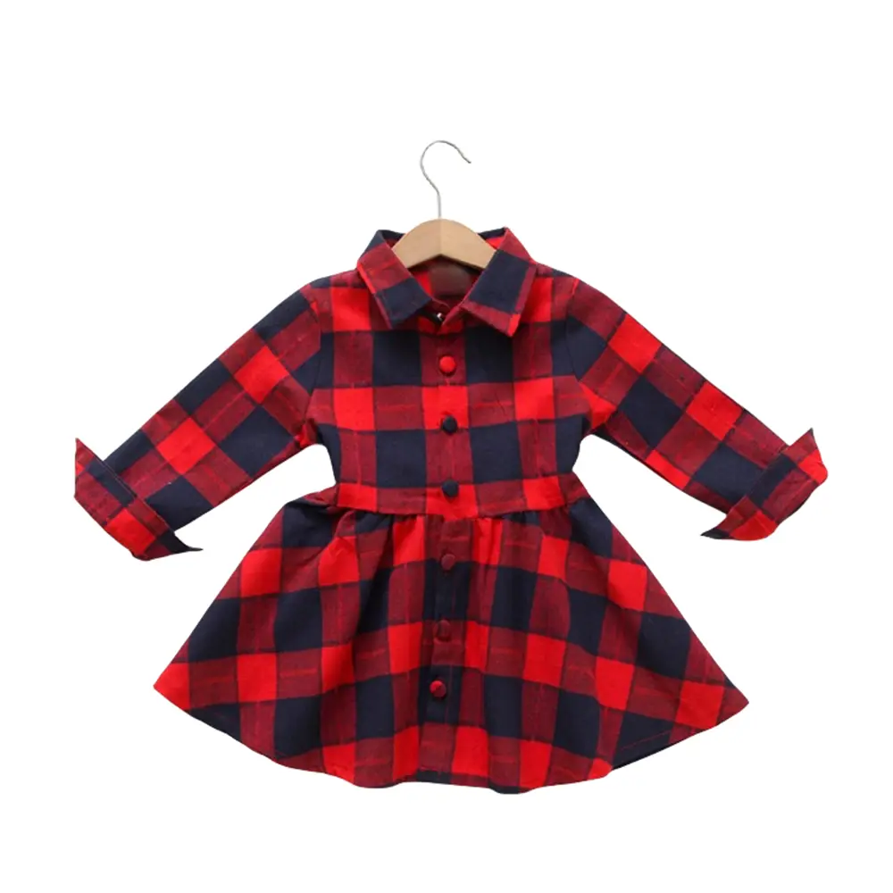Girls' Autumn and Winter New Checkered Dress Children's Long Sleeve Lapel Belt Bow Spring and Autumn Dress