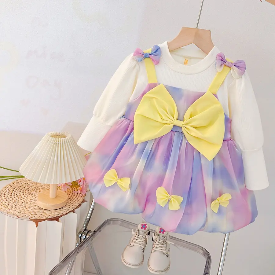 New Spring And Autumn Girls' Long Sleeve Dress, Sweet Bow, Puffy Skirt, Princess Dress, Children'S Clothing (9-36 Months)