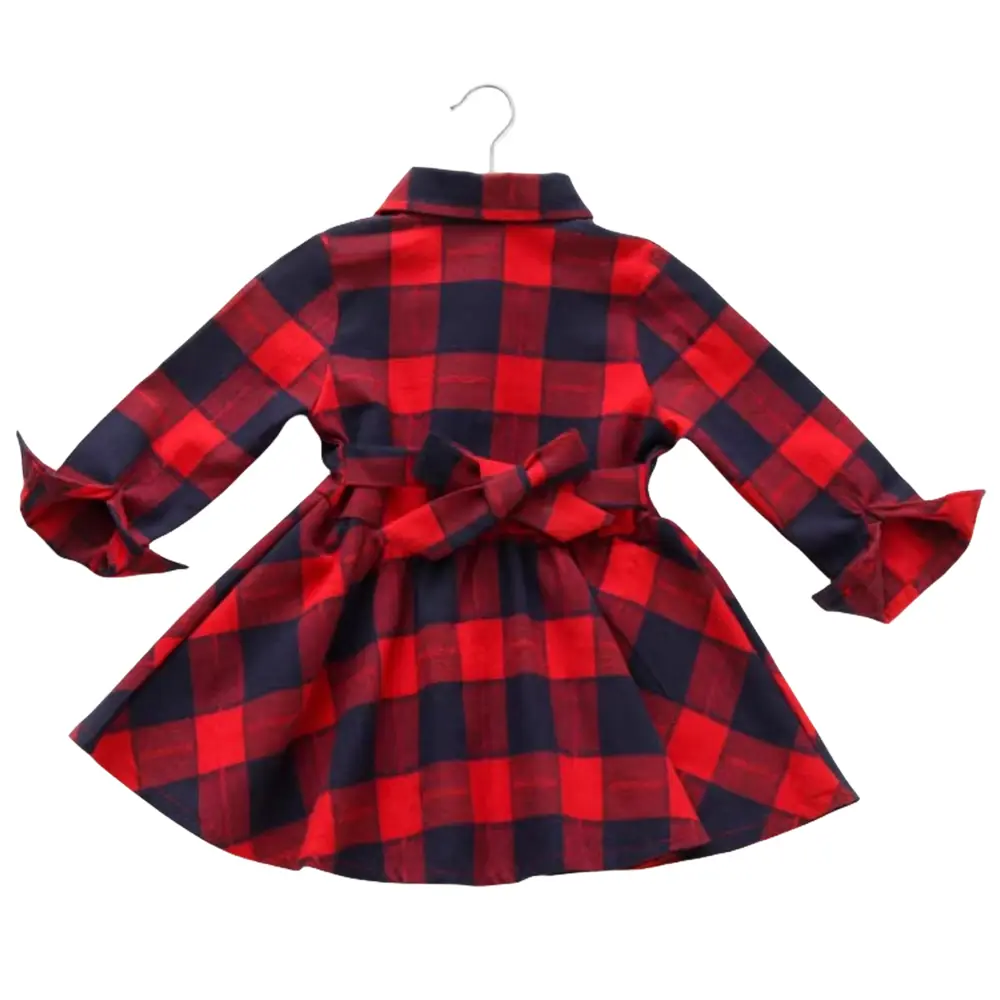 Girls' Autumn and Winter New Checkered Dress Children's Long Sleeve Lapel Belt Bow Spring and Autumn Dress