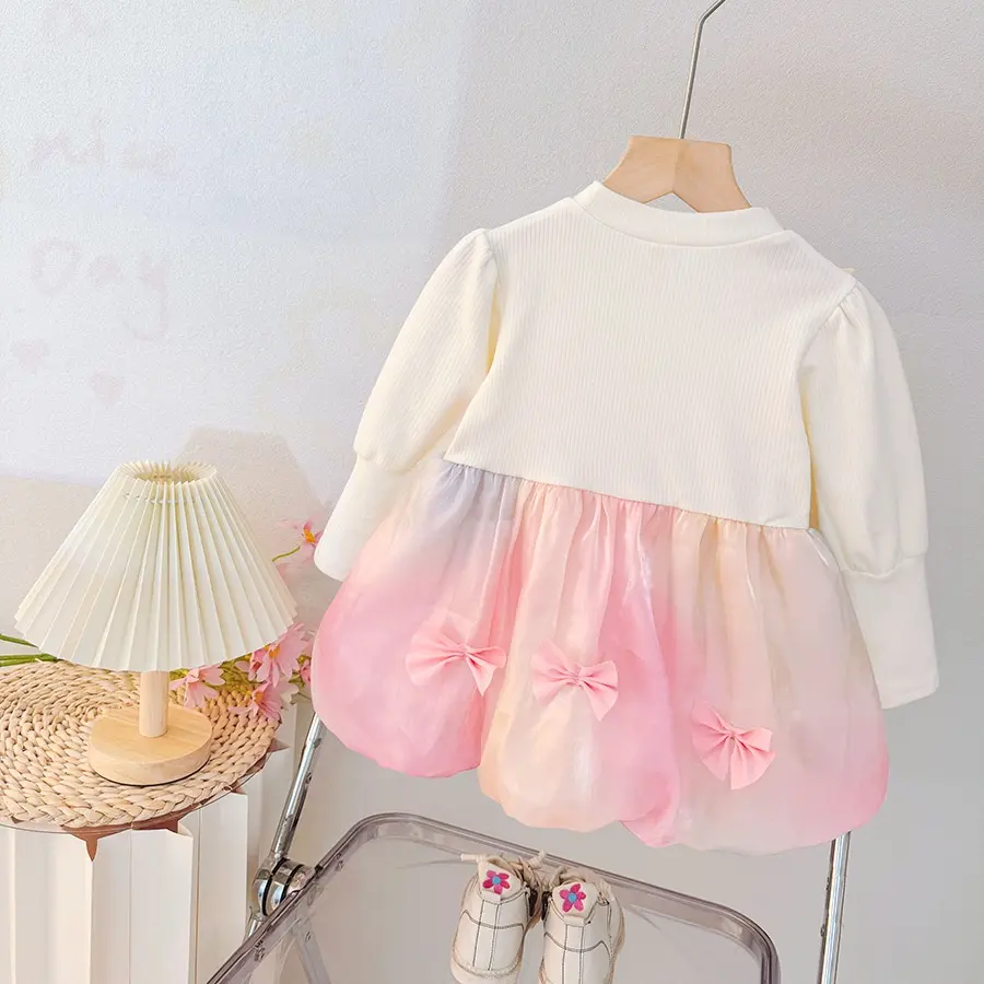 New Spring And Autumn Girls' Long Sleeve Dress, Sweet Bow, Puffy Skirt, Princess Dress, Children'S Clothing (9-36 Months)