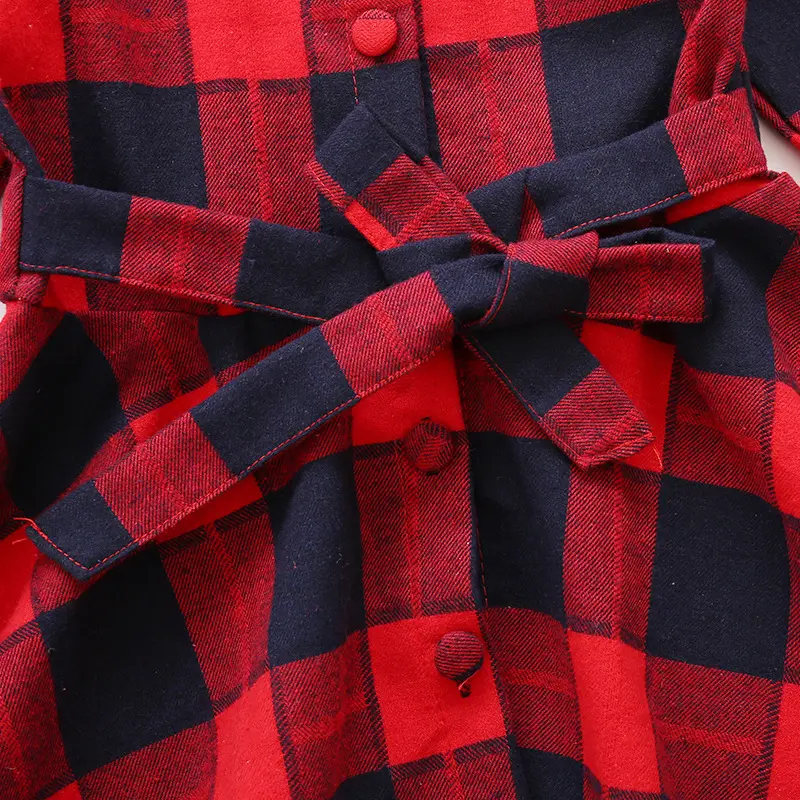 Girls' Autumn and Winter New Checkered Dress Children's Long Sleeve Lapel Belt Bow Spring and Autumn Dress