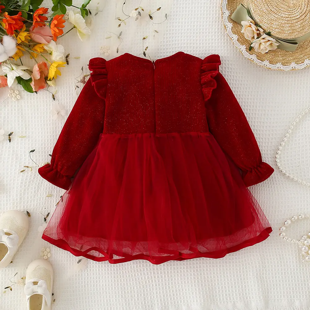 Spring and Autumn Bow Girl's Long sleeved Dress Children's Clothing Princess Sweet Mesh Solid Color Dress