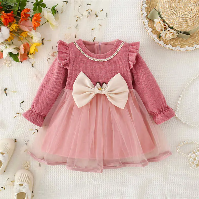 Spring and Autumn Bow Girl's Long sleeved Dress Children's Clothing Princess Sweet Mesh Solid Color Dress