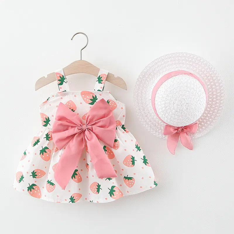 2-Piece Girls' Summer New Style Children's Solid Color Big Bow Princess Dress With Fruit Printed Suspender And Hat