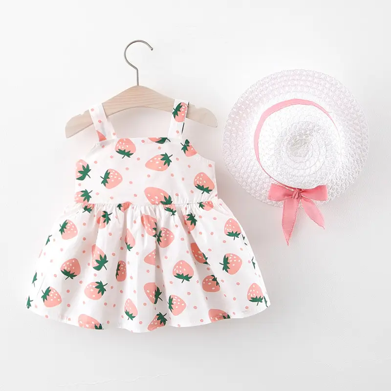 2-Piece Girls' Summer New Style Children's Solid Color Big Bow Princess Dress With Fruit Printed Suspender And Hat