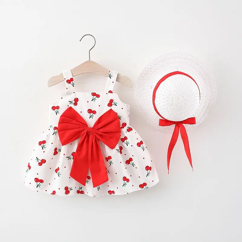 2-Piece Girls' Summer New Style Children's Solid Color Big Bow Princess Dress With Fruit Printed Suspender And Hat