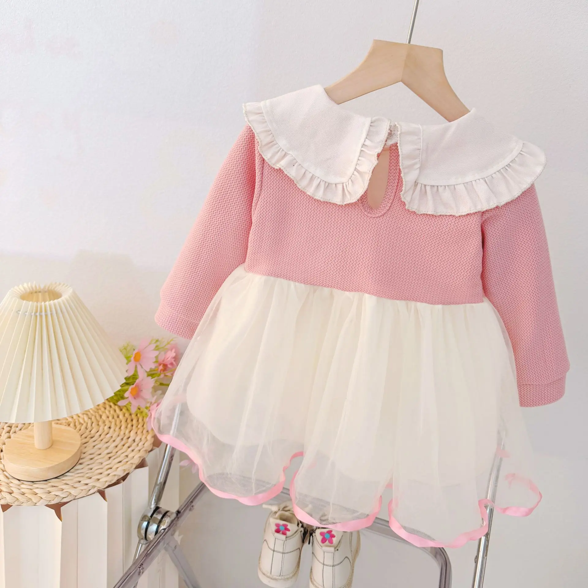 New Spring And Autumn Girls' Long Sleeve Dress, Baby Girls' Splicing Yarn Skirt, Children'S Clothing (9 Months -3 Years Old)