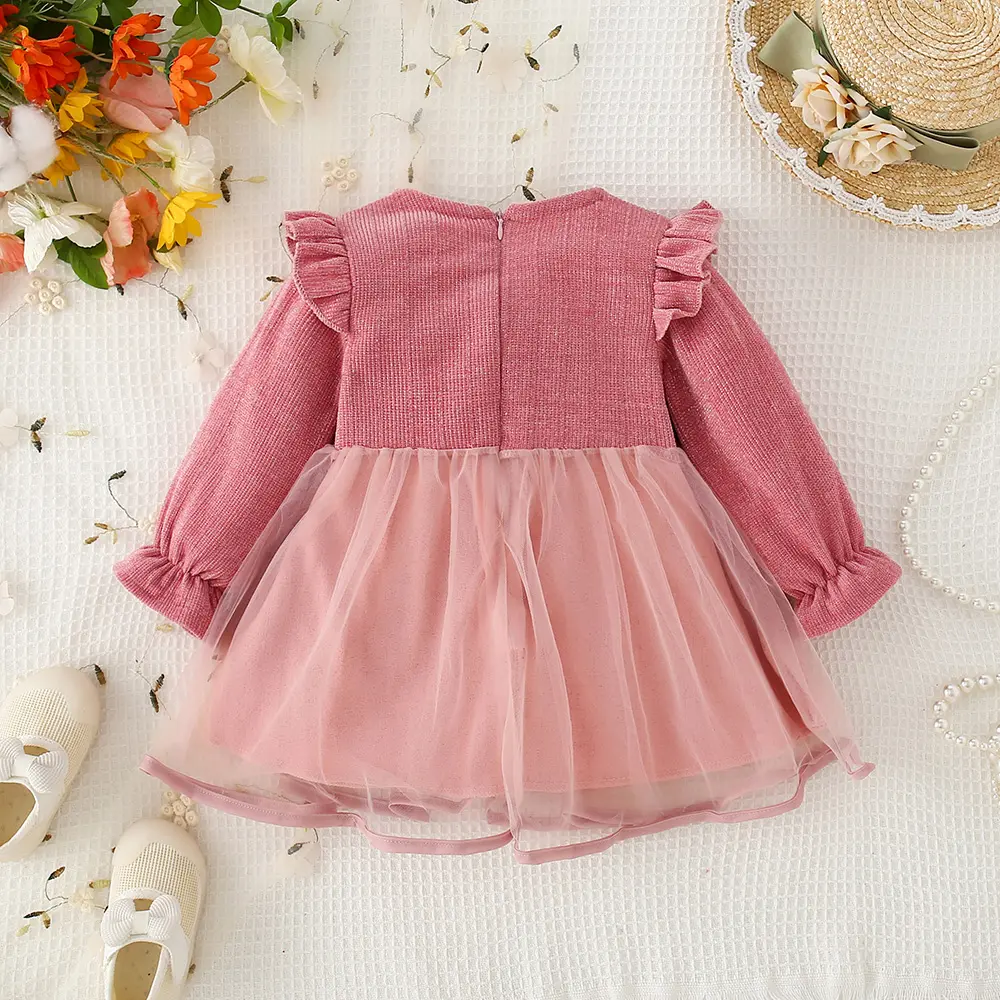 Spring and Autumn Bow Girl's Long sleeved Dress Children's Clothing Princess Sweet Mesh Solid Color Dress