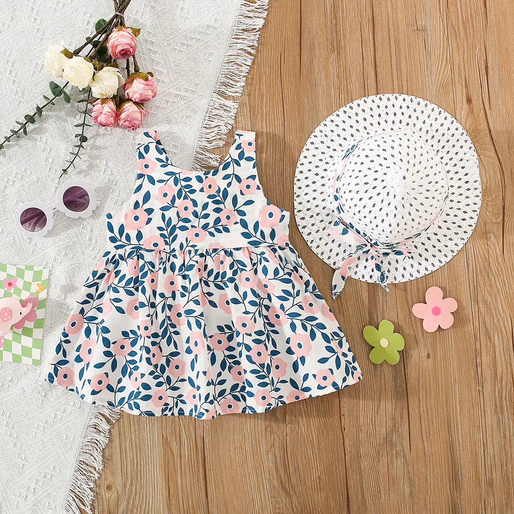 Summer 2-piece/set girls dress hat baby girl big bow full of flowers and leaves printed with suspender princess dress