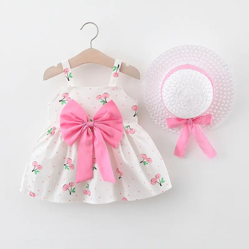 2-Piece Girls' Summer New Style Children's Solid Color Big Bow Princess Dress With Fruit Printed Suspender And Hat