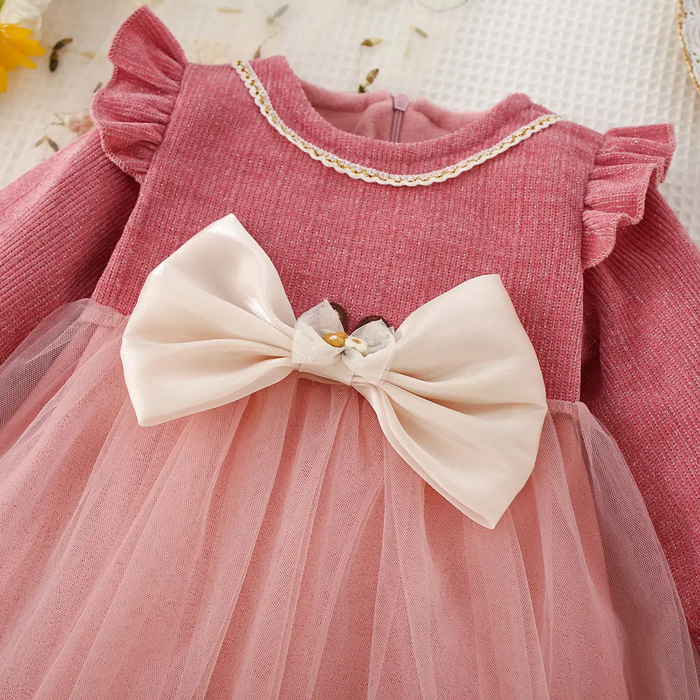 Spring and Autumn Bow Girl's Long sleeved Dress Children's Clothing Princess Sweet Mesh Solid Color Dress
