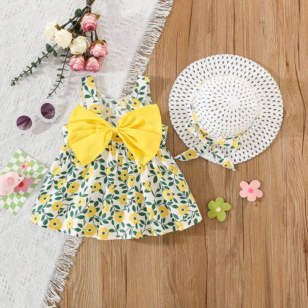 Summer 2-piece/set girls dress hat baby girl big bow full of flowers and leaves printed with suspender princess dress