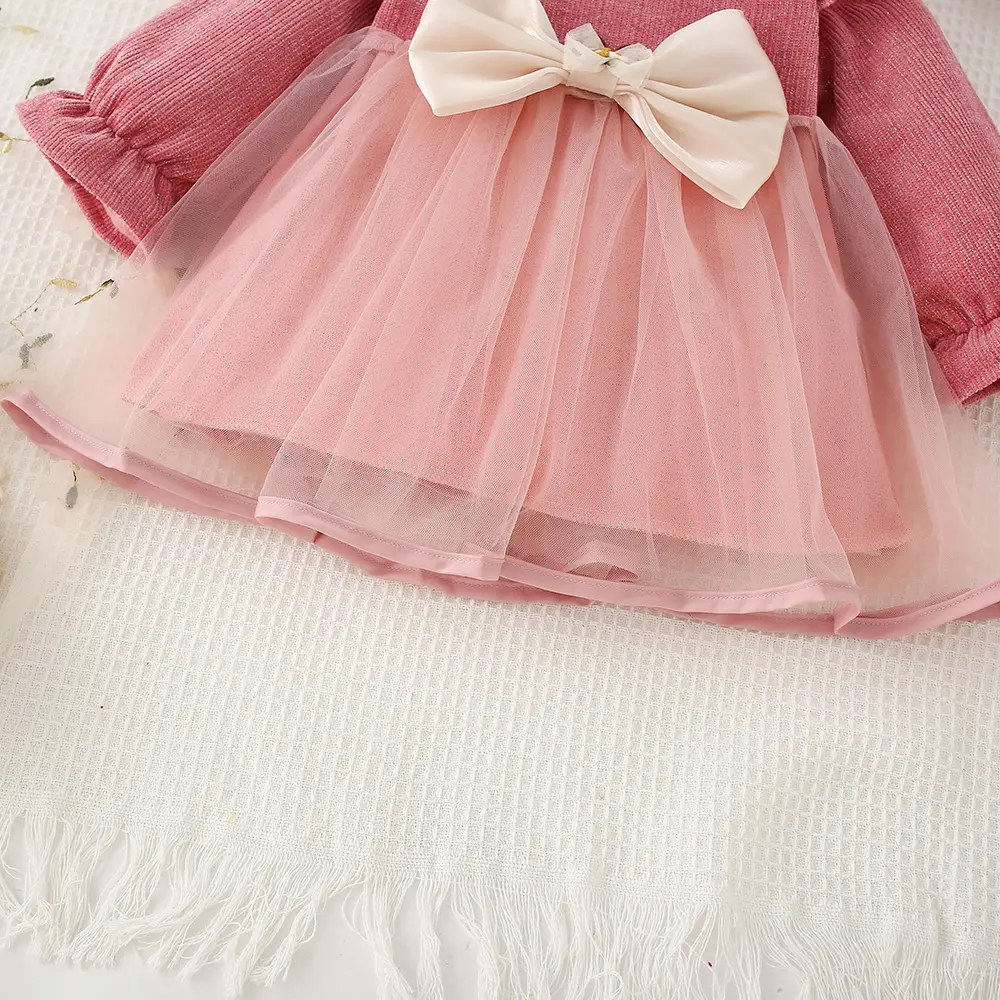 Spring and Autumn Bow Girl's Long sleeved Dress Children's Clothing Princess Sweet Mesh Solid Color Dress