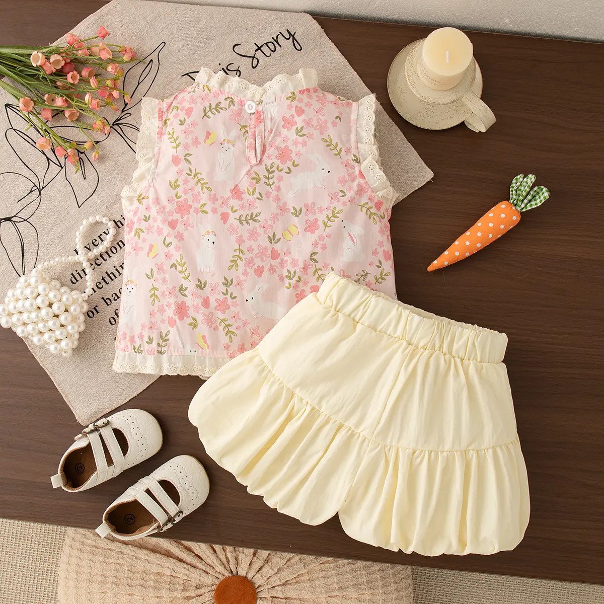 Summer 2 Pieces Set Baby Clothes Sleeveless Sweet Lace Border Girl Clothes Flower Rabbit Print Bow Baby Clothes Girl