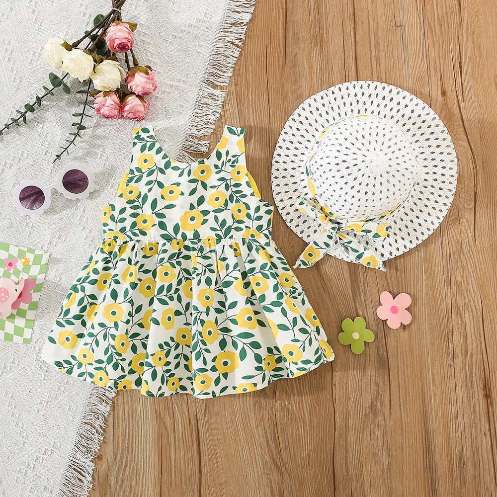 Summer 2-piece/set girls dress hat baby girl big bow full of flowers and leaves printed with suspender princess dress