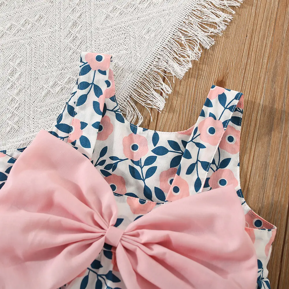 Summer 2-piece/set girls dress hat baby girl big bow full of flowers and leaves printed with suspender princess dress