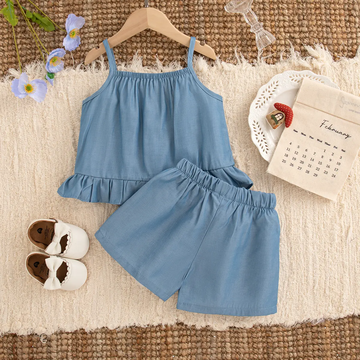 2 Pieces Set Baby Clothes Girl Summer New Sleeveless Denim Blue Girl Clothes Cute Mushroom Ruffle Sets For Baby