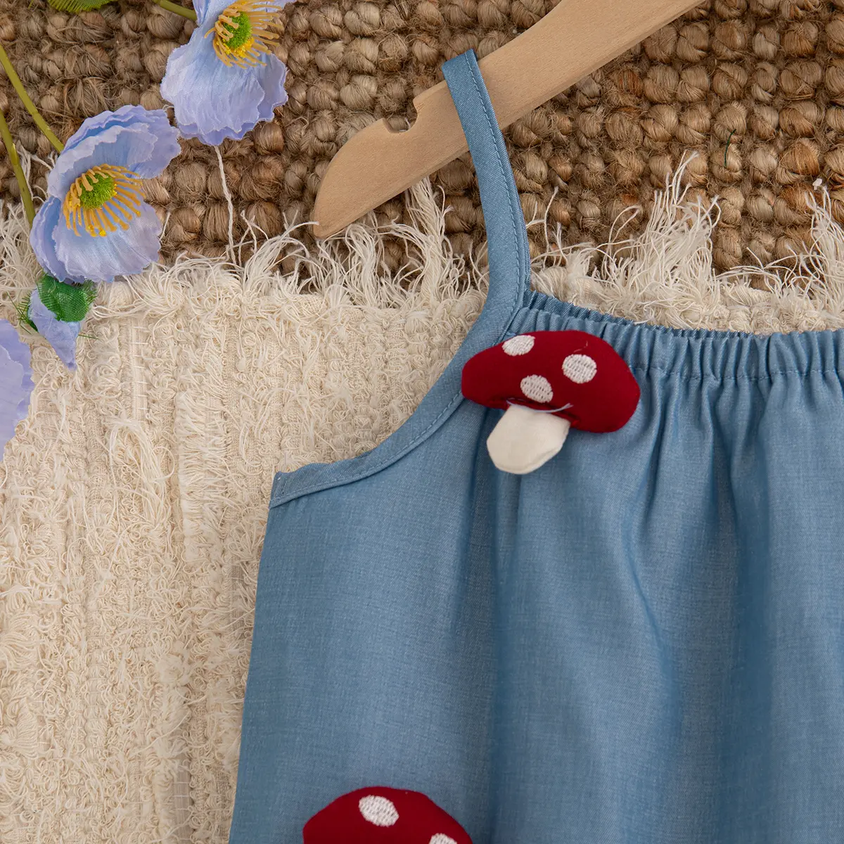 2 Pieces Set Baby Clothes Girl Summer New Sleeveless Denim Blue Girl Clothes Cute Mushroom Ruffle Sets For Baby
