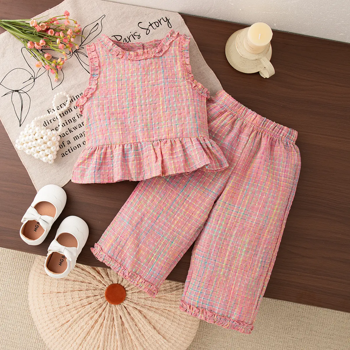 Sets For Baby Summer New Sleeveless Pants 2 Pieces Set Girl Clothing Pink Sweet Plaid Ruffle Button Baby Clothing