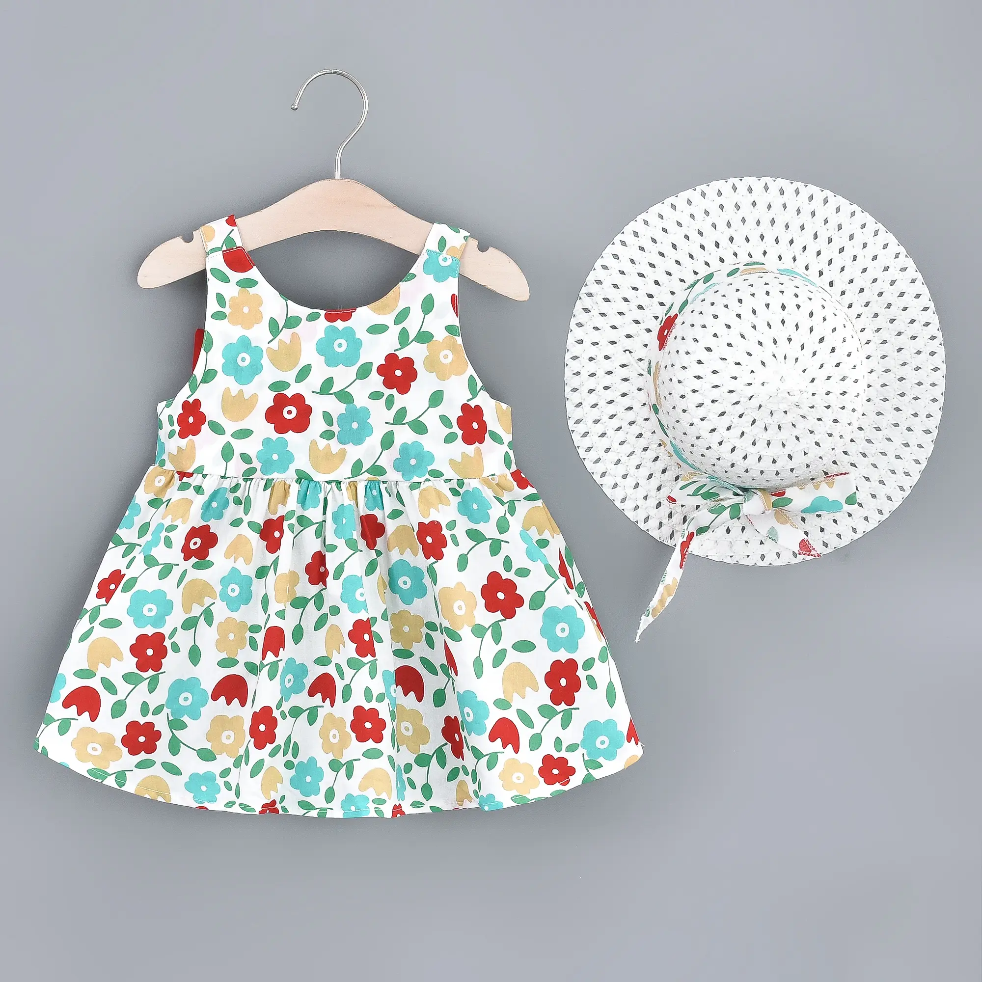 Girls' Summer New All Over Flower Print Dress Children's Solid Color Big Bow Princess Dress+Hat Two Piece Set