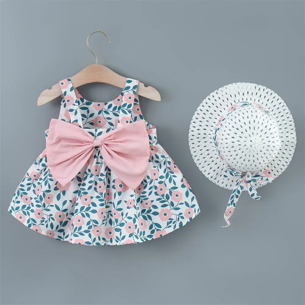 Girls' Summer New All Over Flower Print Dress Children's Solid Color Big Bow Princess Dress+Hat Two Piece Set